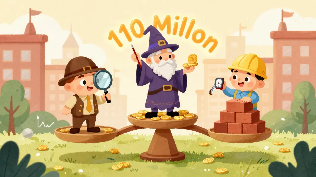 Три персонажа-метода оценки: детектив, волшебник и строитель стоят на весах, рядом — город с улыбающимися зданиями.