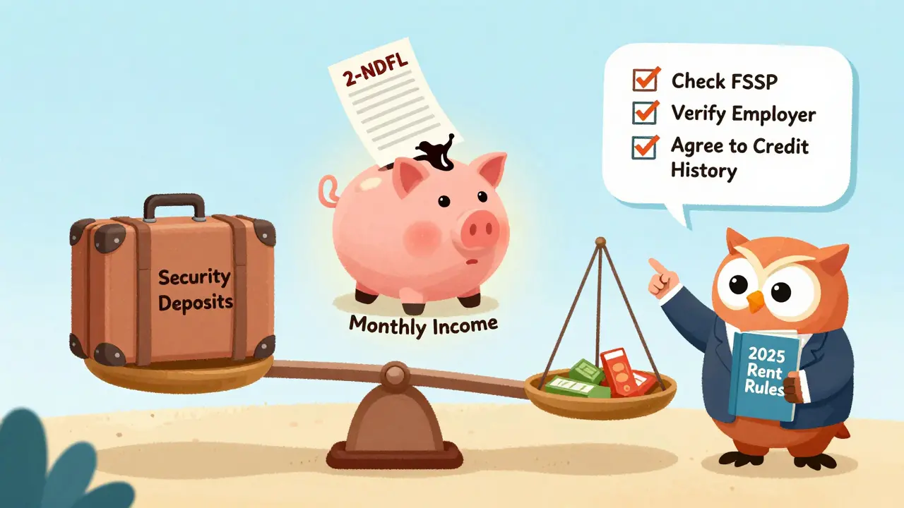 Весы сравнивают залог и доход, а сова объясняет правила аренды 2025 года.