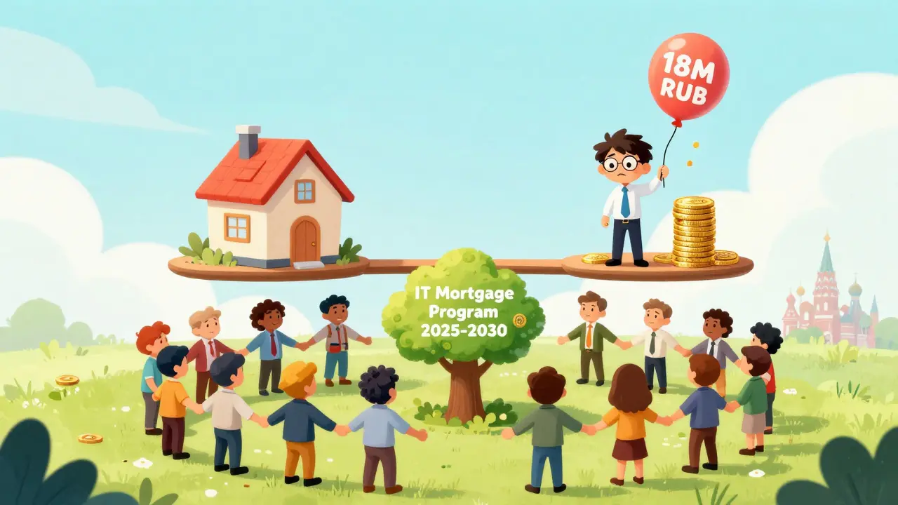 Волшебные весы с домом и деньгами, люди держатся за руки вокруг дерева с надписью &#039;IT-ипотека&#039;