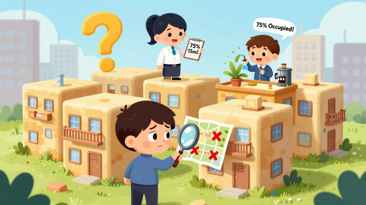 Здание с множеством маленьких квартир, инвестор с лупой смотрит на карту, один жилец ухаживает за растением.