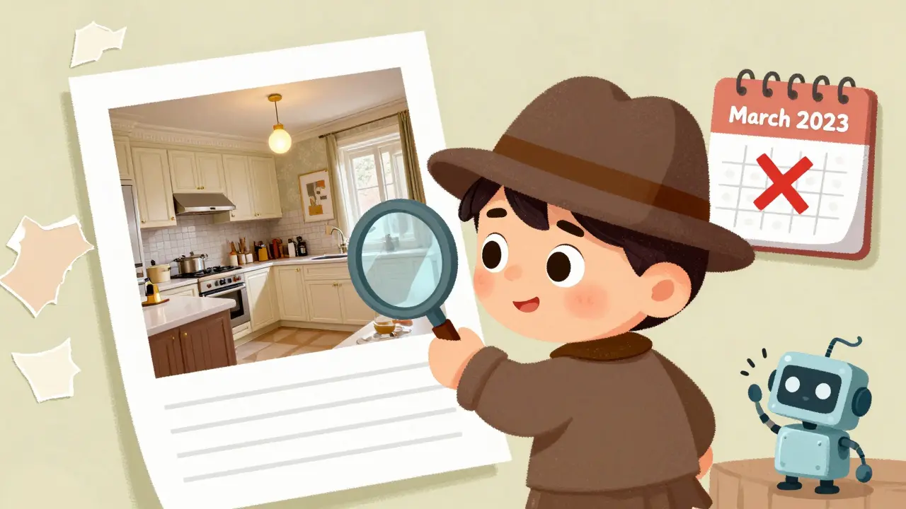 Детектив с лупой сравнивает фальшивое фото ремонта с реальной квартирой, на календаре — старая дата.