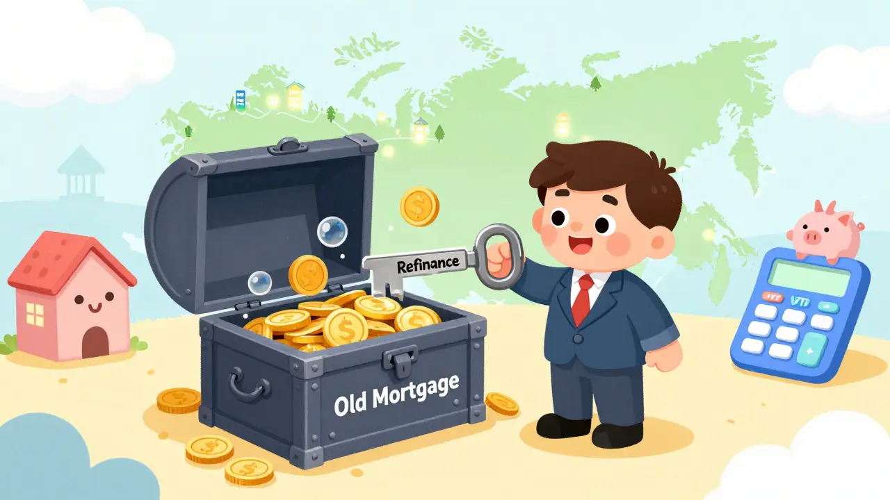 Доброжелательный банкир открывает сундук старой ипотеки, выпуская сбережения в виде пузырей.