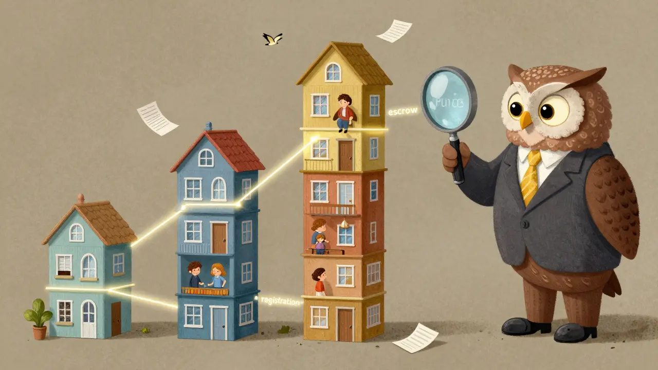 Дом из карточек с квартирами, связанными светящимися нитями, с совой-юристом над ним.