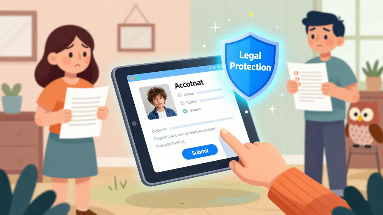Электронный акт с фото и датой парит в воздухе, вокруг — щит защиты, один ребёнок подписывает, другой смотрит с улыбкой.
