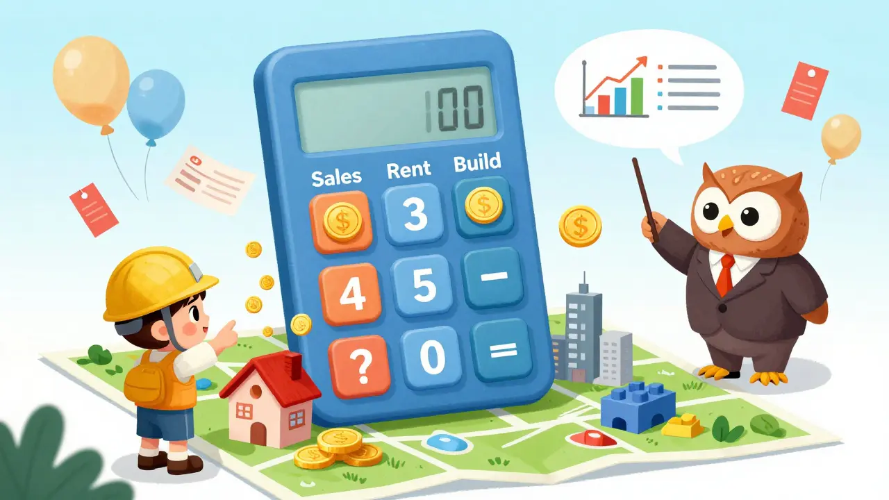 Гигантский калькулятор с тремя кнопками выпускает монеты, чеки и кирпичи над городской картой, дети и сова наблюдают.