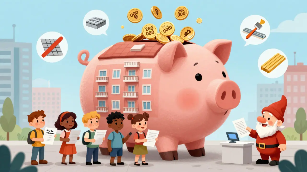 Копилка-квартира, из которой льются деньги, люди подают документы, а гном налоговой улыбается.