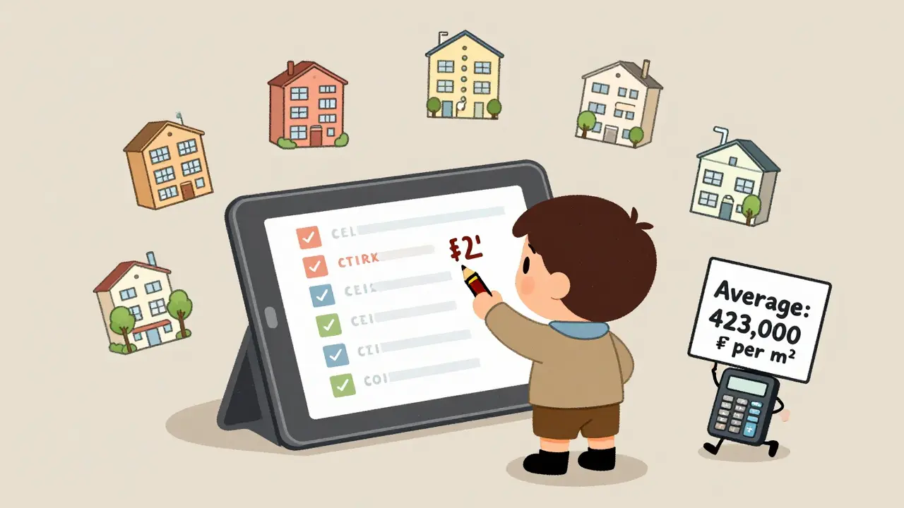 Ребенок-детектив сравнивает семь квартир с разными особенностями на большом планшете.