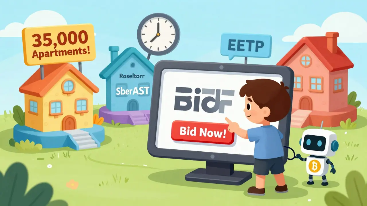 Ребёнок нажимает кнопку ставки на экране, вокруг — платформы торгов с надписями.