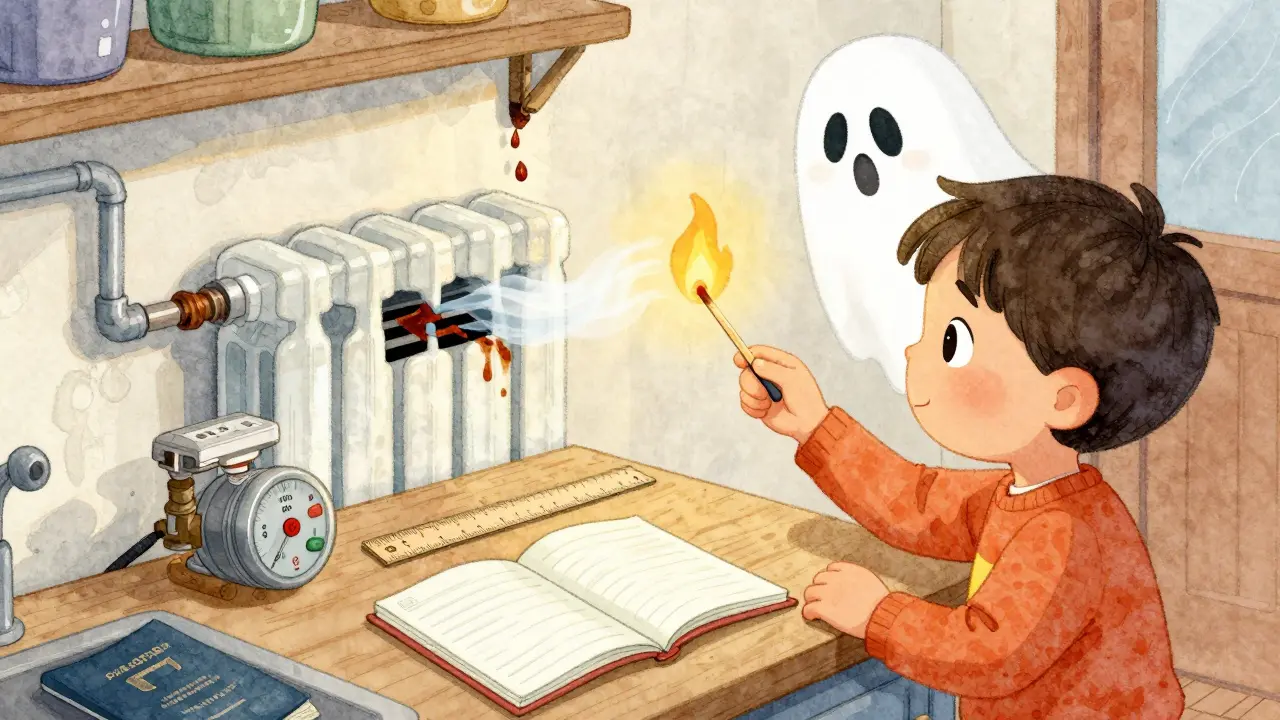 Ребёнок проверяет вентиляцию зажигалкой на кухне, рядом — технический паспорт и счётчик.