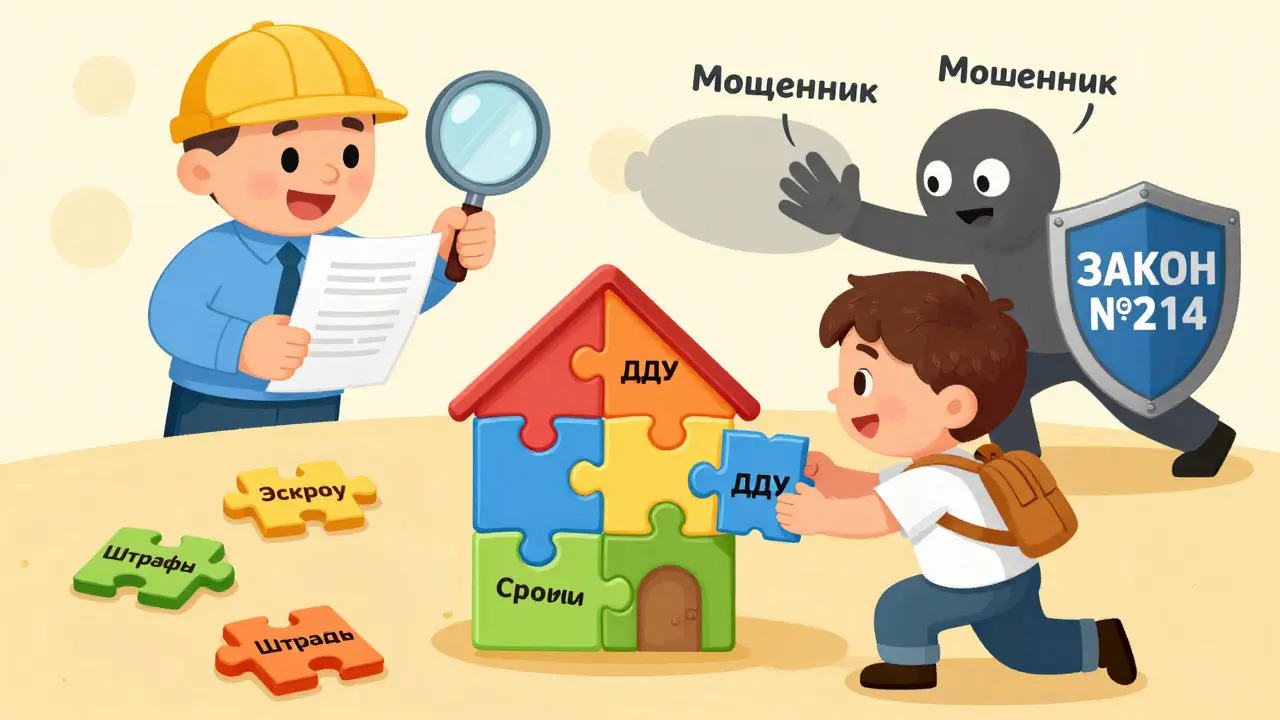 Ребёнок собирает пазл с домом, а юрист проверяет документы под лупой.