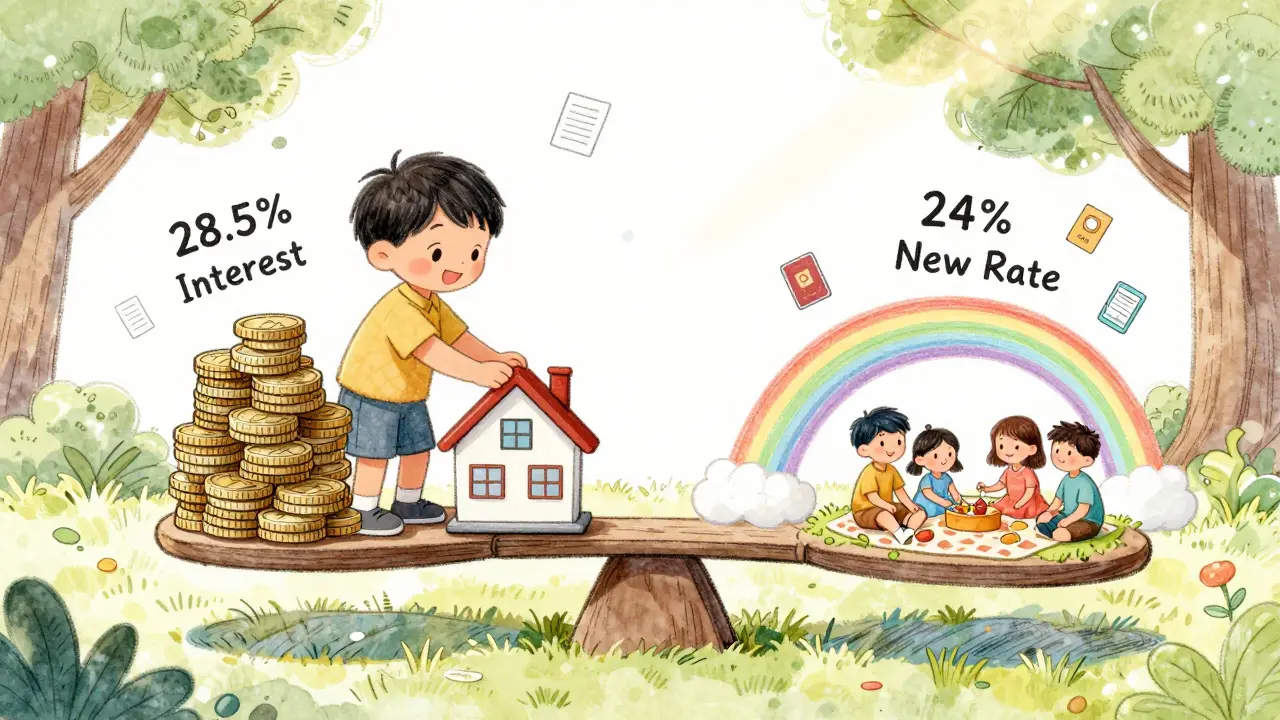 Ребёнок сравнивает старую и новую ставку ипотеки на весах, рядом — радостная семья на пикнике.