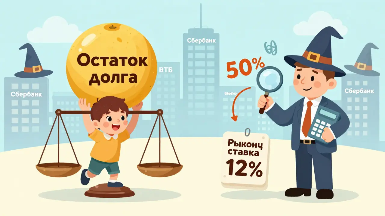 Ребёнок сравнивает вес долга и рыночной ставки, банкиры наблюдают с лупами.