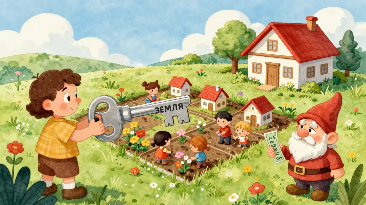 Родители и дети играют на участке земли, где цветы растут только внутри бесплатной зоны.