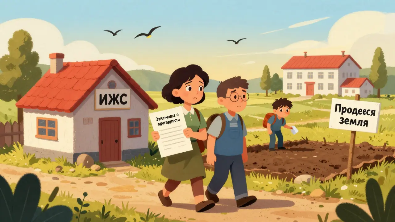 Родители несут документ о пригодности дома, рядом — пустой участок с надписью 'Продается земля'.