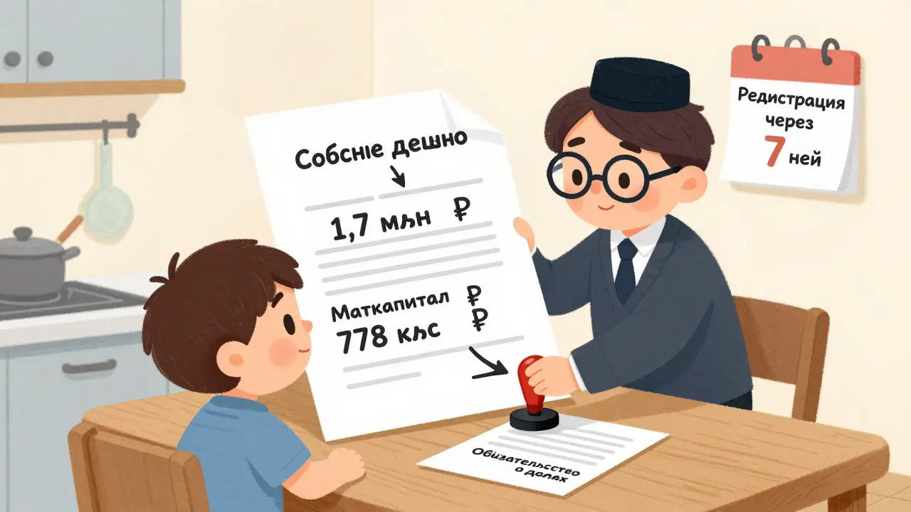 Родители с ребенком изучают договор купли-продажи с нотариусом за кухонным столом.