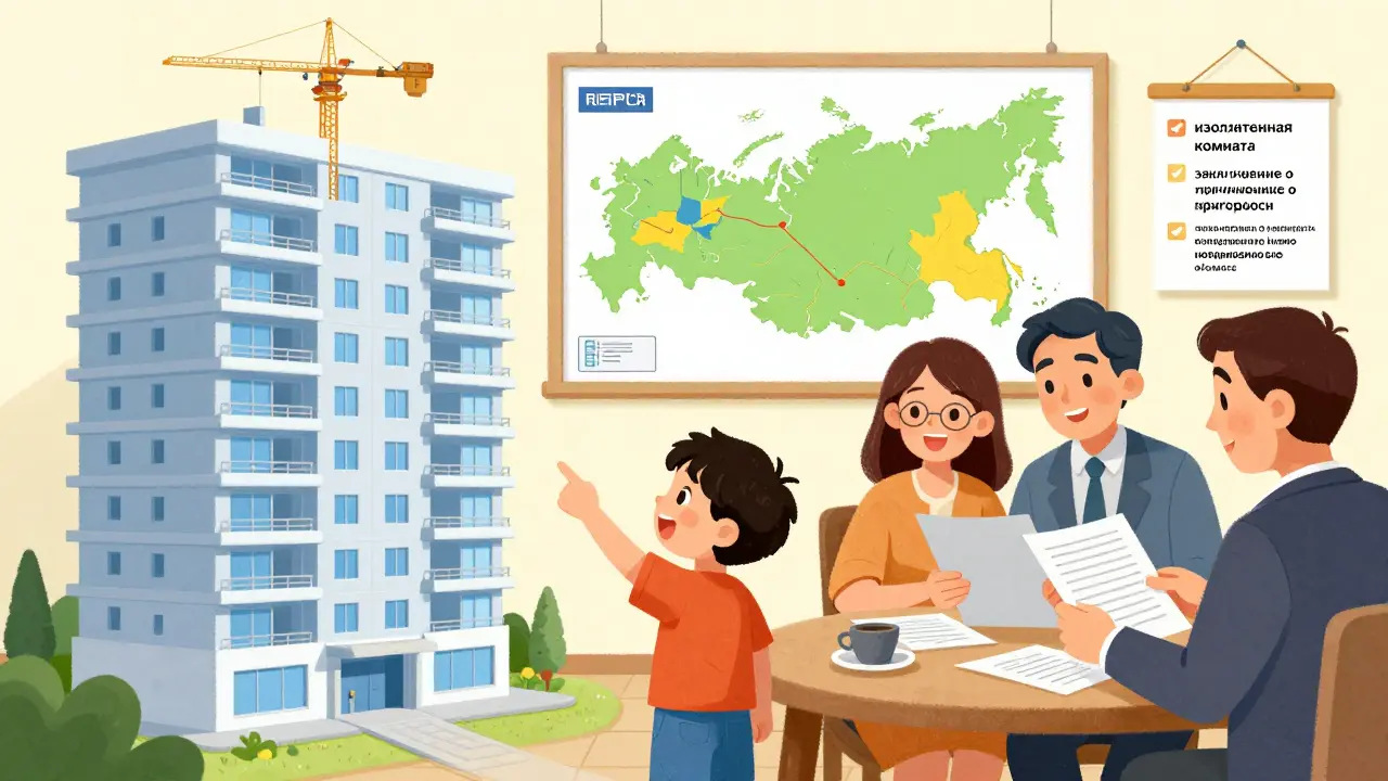 Родители с ребенком изучают документы на покупку квартиры, на столе — список требований Социального фонда.