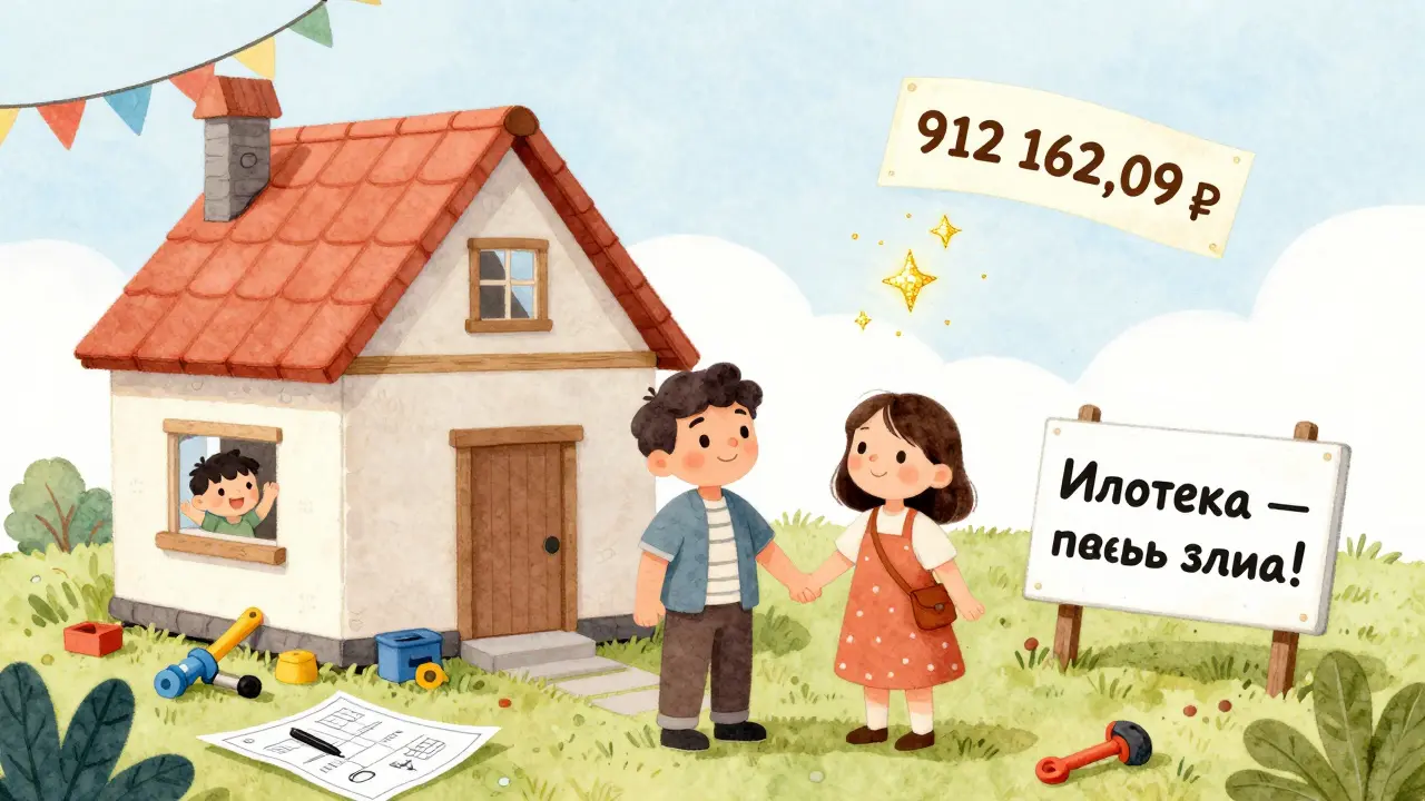 Родители стоят перед домом, над ними парит золотой чек материнского капитала.