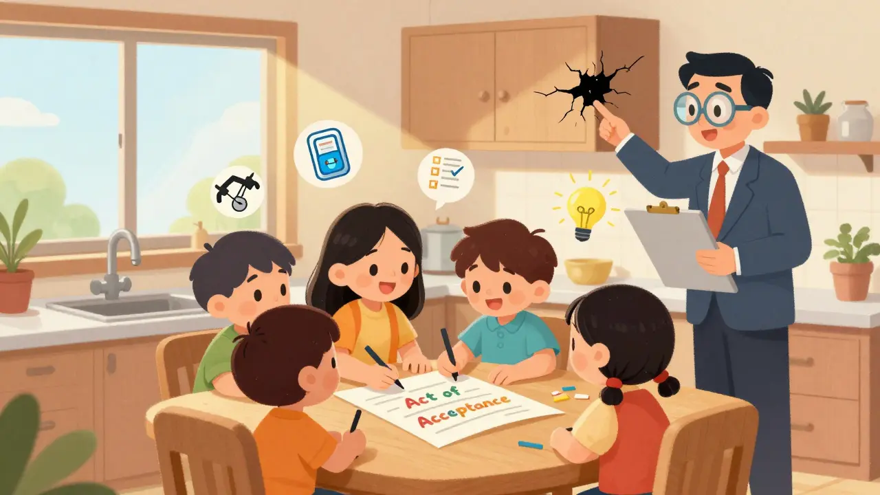 Семья подписывает акт приёма-передачи, вокруг — иконки дефектов и инспектор с лупой, солнечный свет в окне.