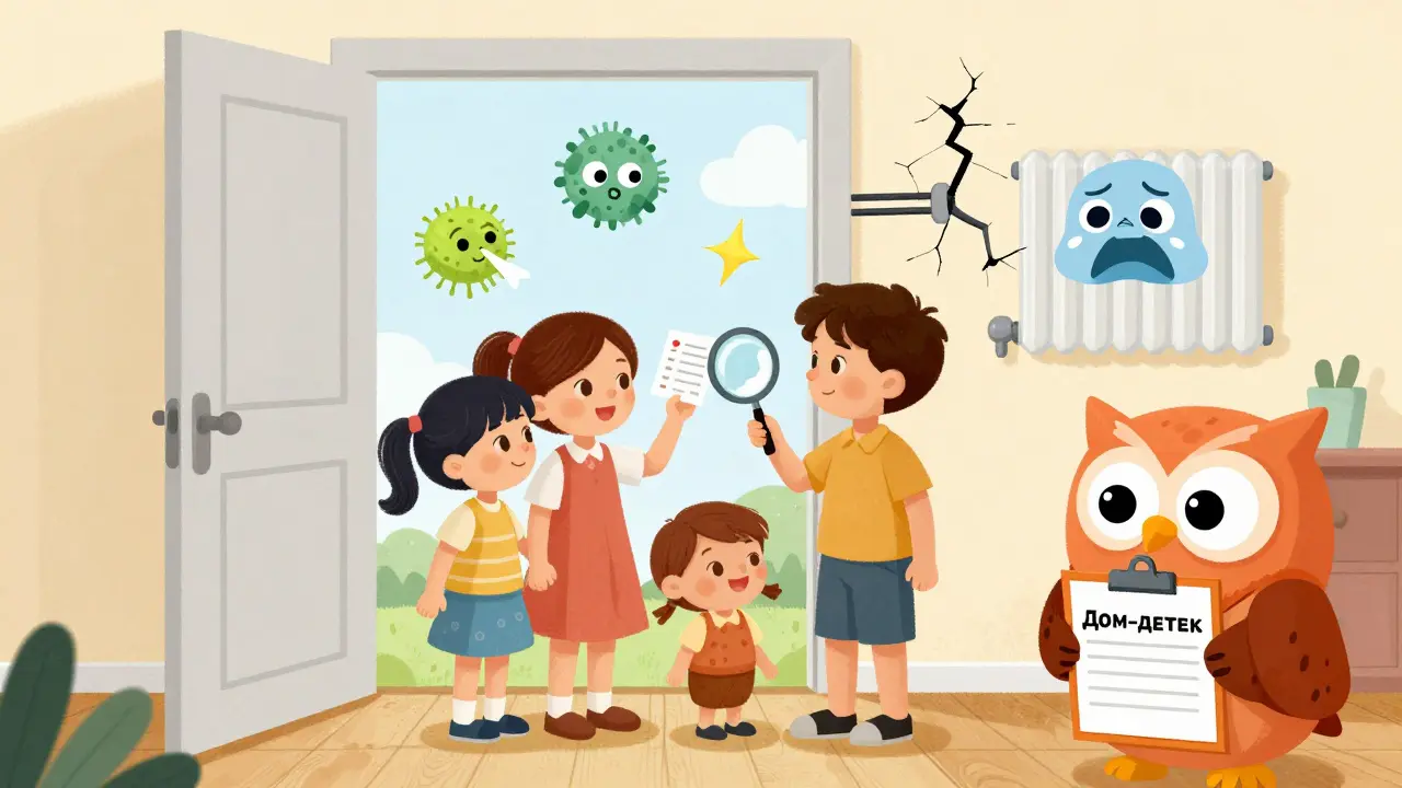 Семья с проверочным списком и лупой стоит у двери квартиры, вокруг — весёлые символы проблем.