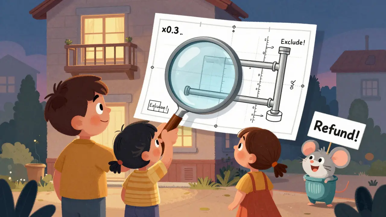 Семья с увеличительным стеклом разбирает план квартиры, видя, какие части учтены правильно.