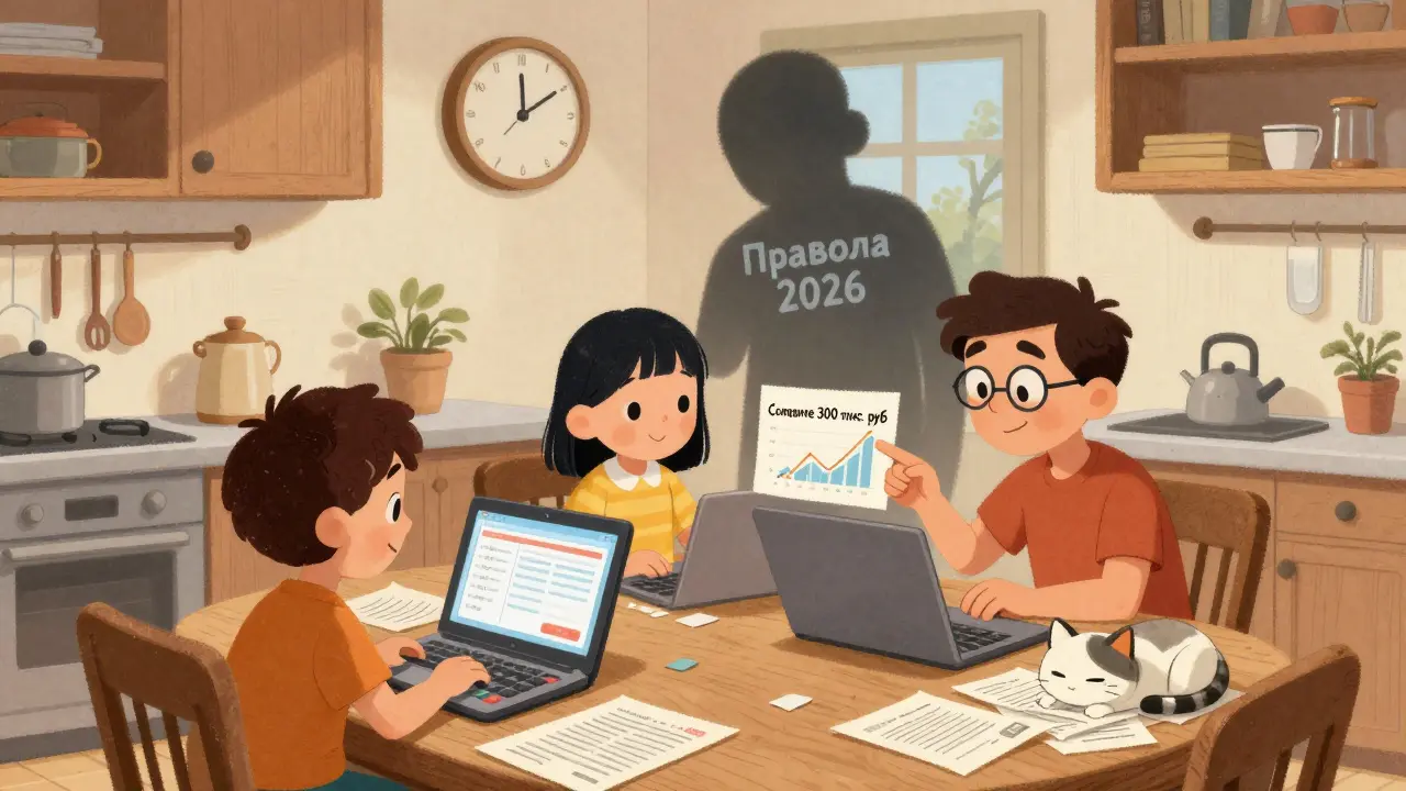 Семья считает выгоду рефинансирования за кухонным столом, на экранах — калькуляторы.