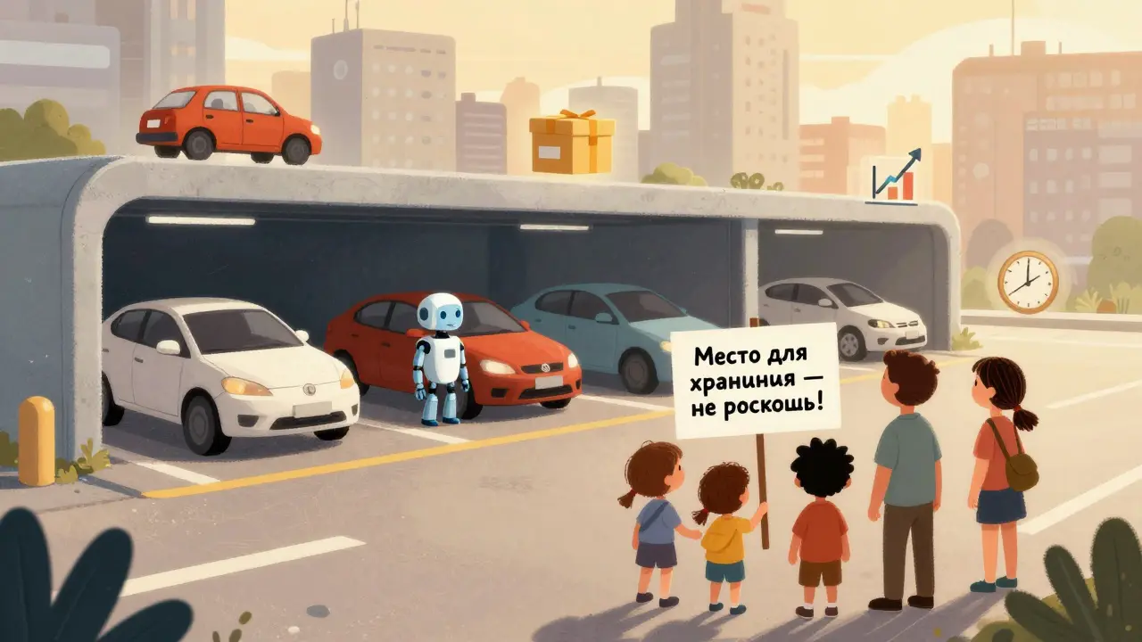 Семья смотрит на будущий город с электромобилями и знаком: 'Место для хранения — не роскошь!'