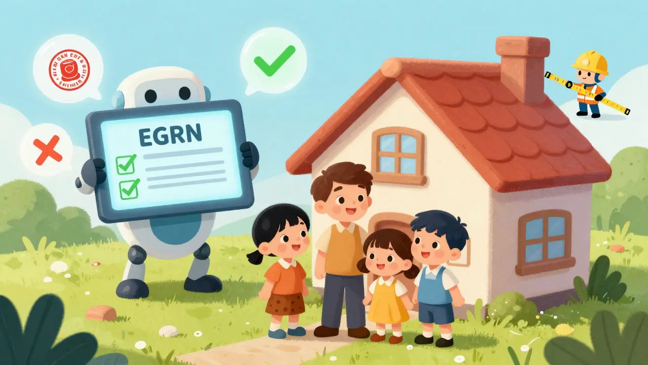 Семья смотрит на цифровую выписку ЕГРН, показывающую чистоту участка и устранённые риски.