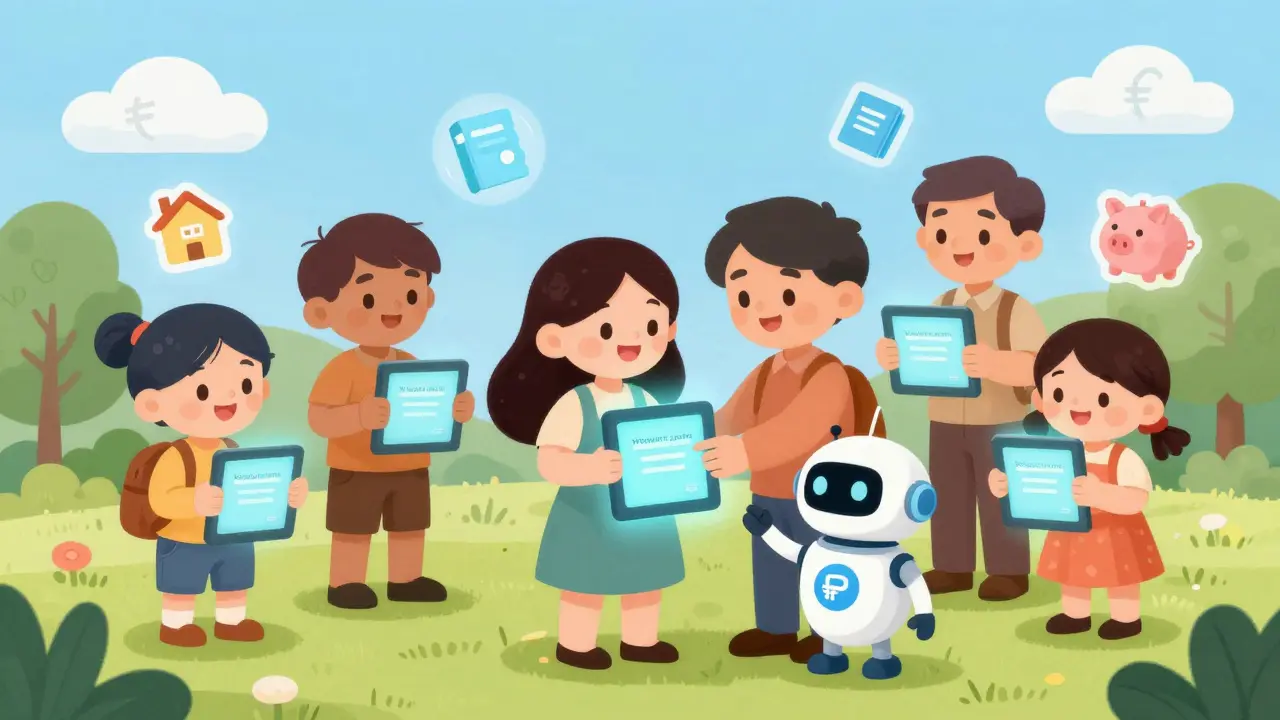 Семьи в парке проверяют свои сертификаты на планшетах, помогает дружелюбный робот.