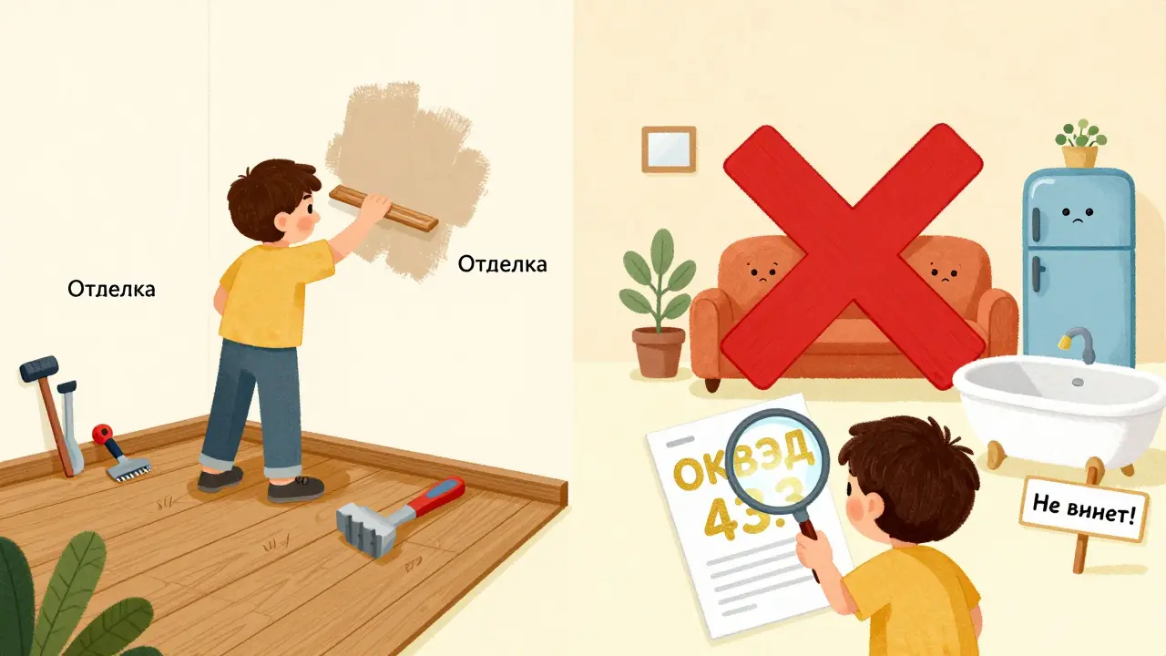 Слева — отделочные работы, справа — запрещённые предметы с красным крестом и светящейся меткой ОКВЭД 43.3.