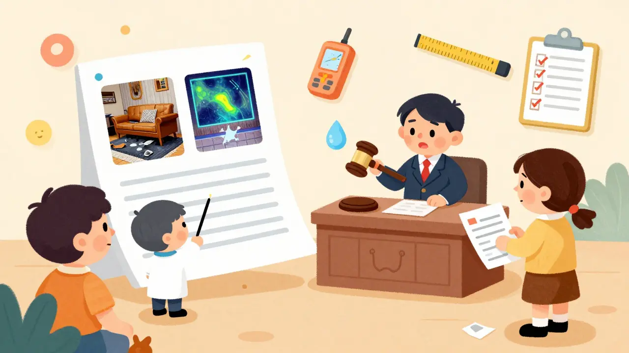 Судья рассматривает красочный отчёт о затоплении, рядом — сосед с испуганным лицом.