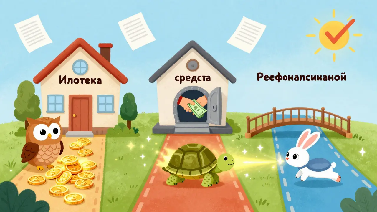 Три пути продажи ипотечной квартиры, каждый с другим животным-проводником и волшебными символами.