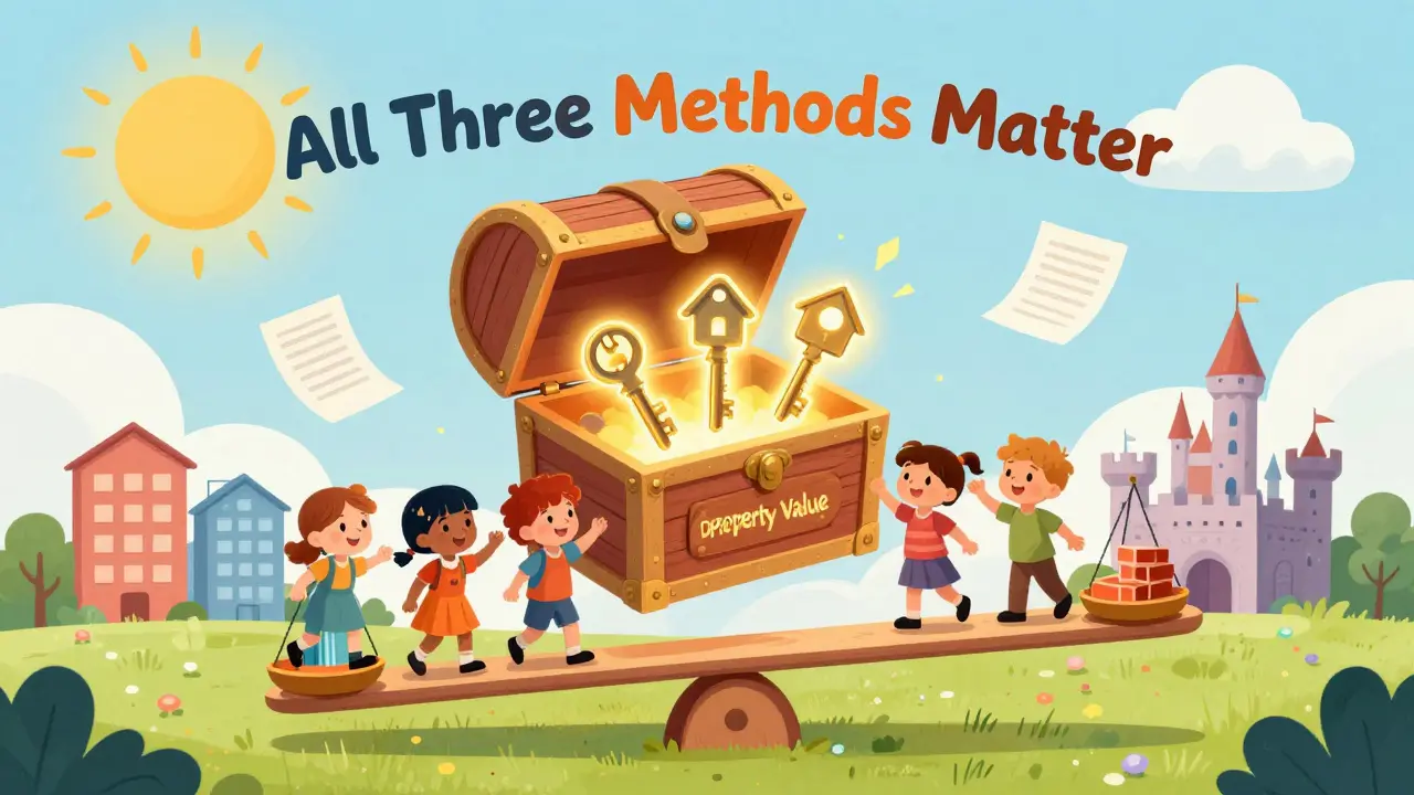 Волшебный сундук с тремя ключами-символами раскрывается, дети стоят на весах с разными типами недвижимости.