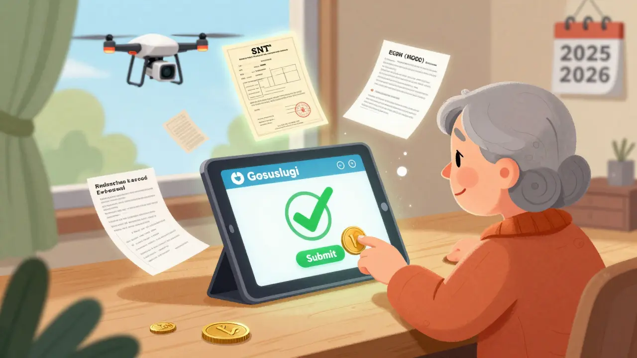 Бабушка подаёт документы через Госуслуги, вокруг летают важные бумаги, а над домом летит дрон.