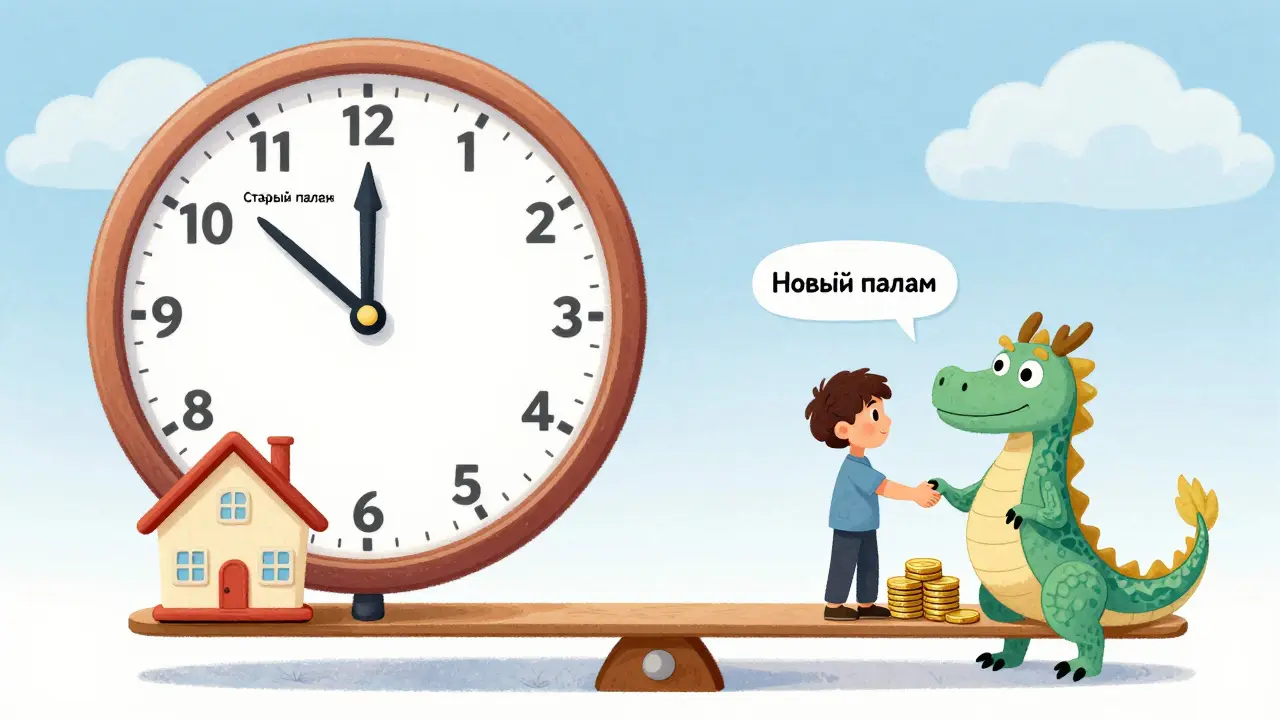 Человек на качелях балансирует дом и платежи, банк помогает снизить нагрузку.