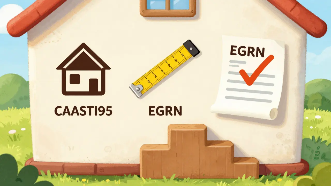 Дом с иконками кадастрового номера, площади и этажей, свиток ЕГРН с галочкой