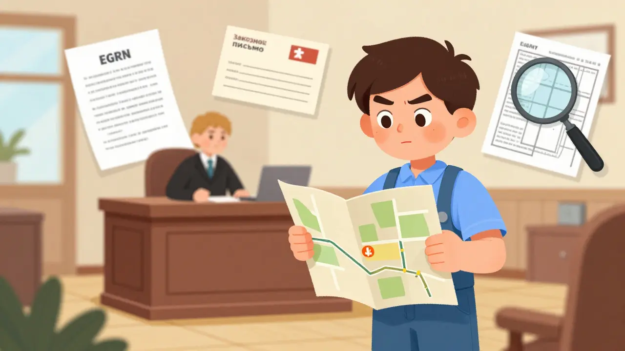 Домовладелец представляет карту проезда судье, рядом документы и почтовое уведомление.