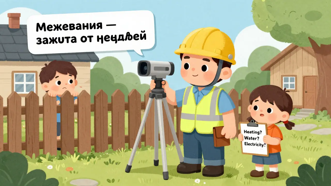 Кадастровый инженер измеряет дачу, ребёнок проверяет наличие коммуникаций, сосед заглядывает через забор.