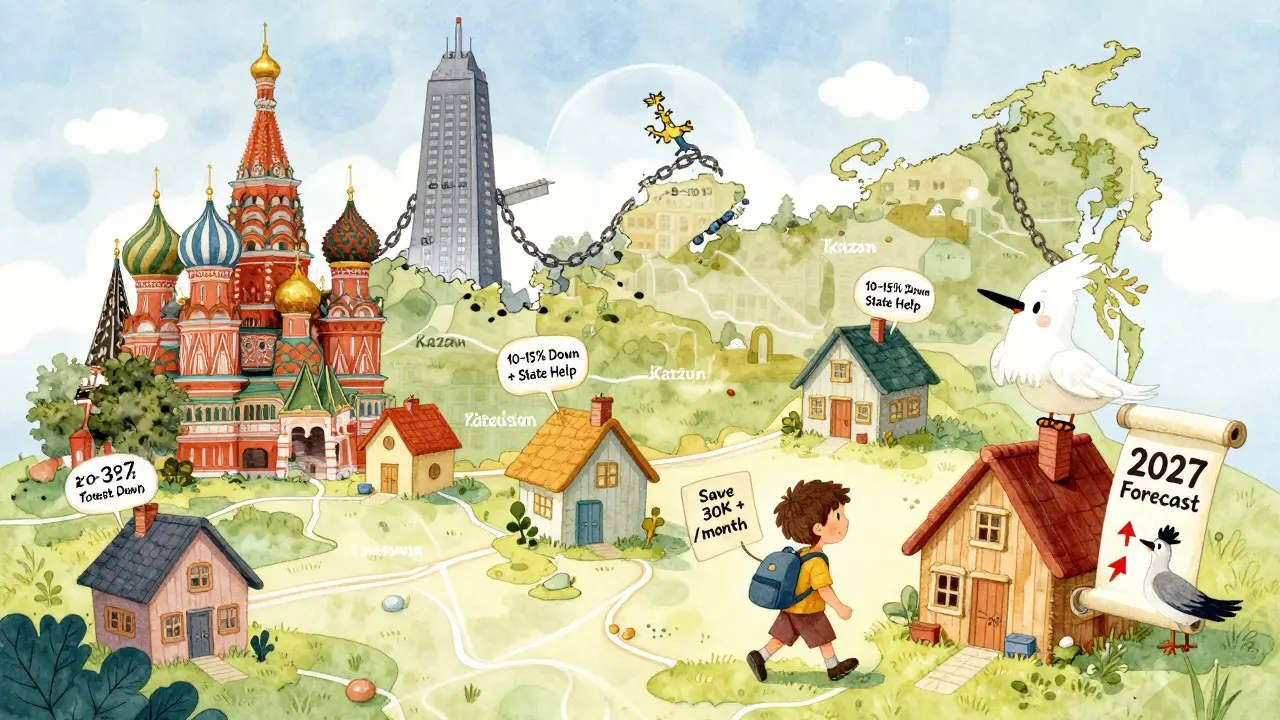 Карта России: крупные города требуют больше взноса, маленькие — меньше, ребенок идет к уютному дому.