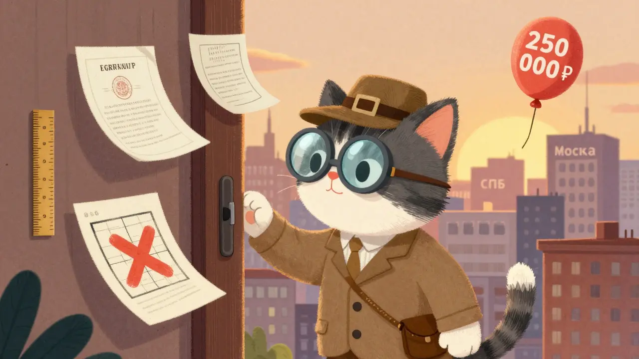 Кот-детектив проверяет документы на перепланировку, вокруг него летят бумажки с предупреждениями.