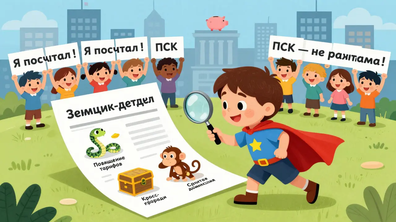 Мальчик-детектив раскрывает скрытые комиссии в ипотечном договоре, а за ним — другие заемщики с победными знаками.