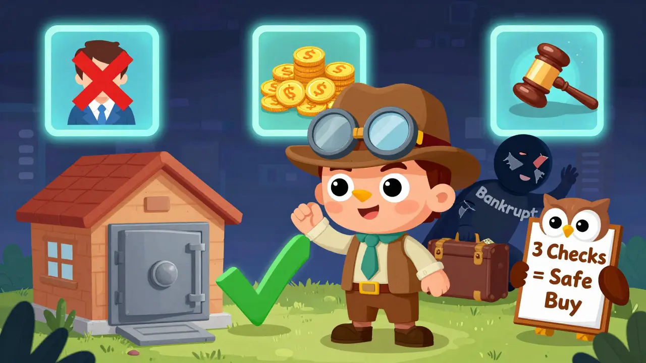 Маленький детектив с лупой на шляпе стоит рядом с безопасным домом, а тень банкрота убегает с чемоданом денег.