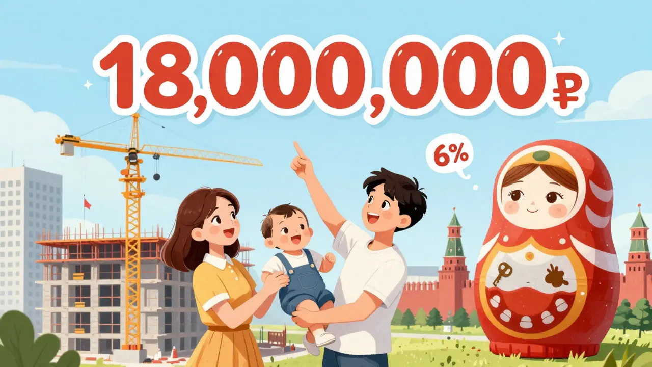 Молодая пара с ребёнком смотрит на большой шар с надписью 18 млн рублей в Москве.