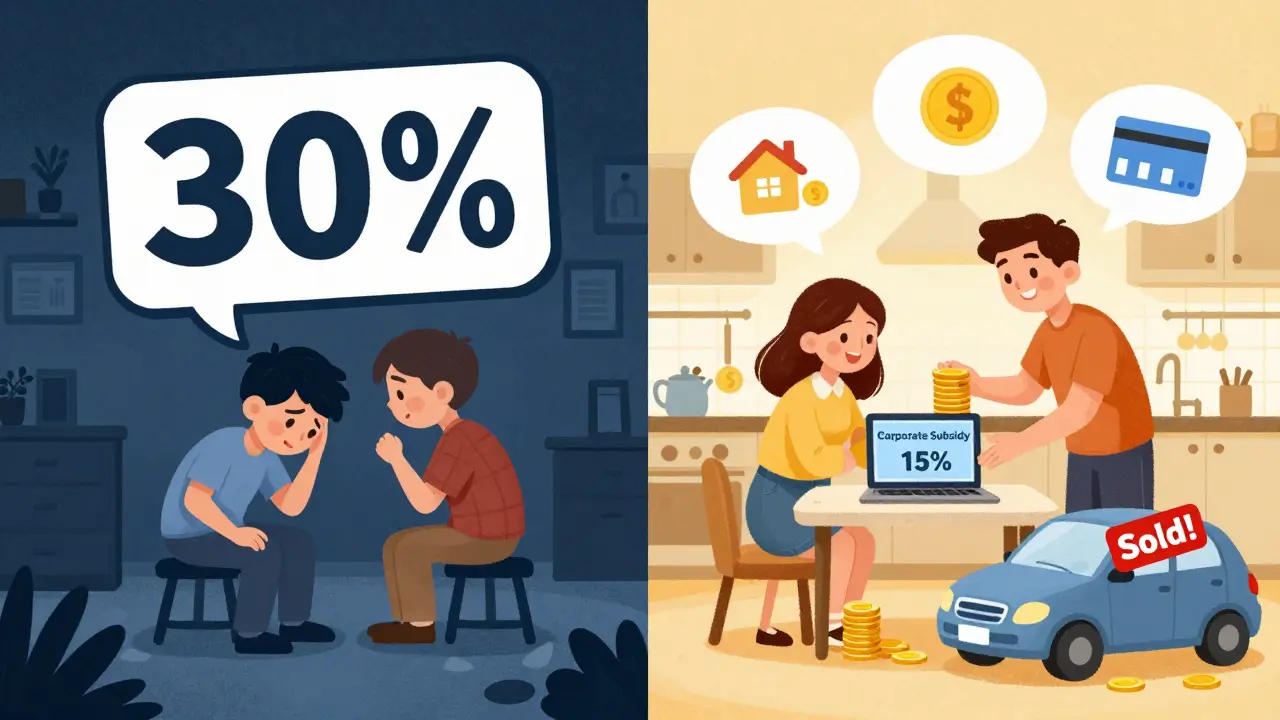 Молодые люди в двух сценах: одна — стресс с высоким взносом, другая — помощь родителей и субсидия.