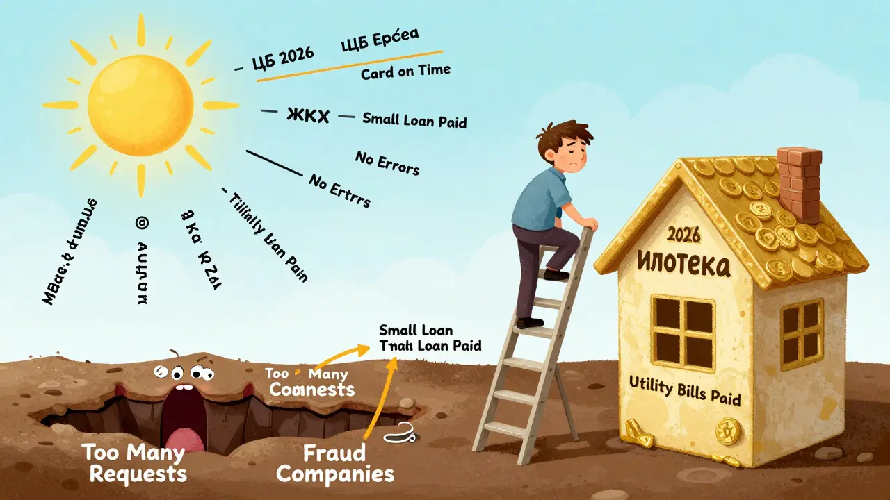 Мужчина лезет по лестнице из платежей к дому ипотеки, внизу — яма с мошенниками, наверху — солнце 2026 года.