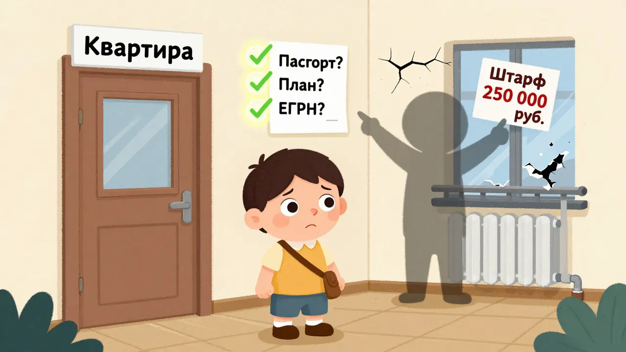 Покупатель стоит перед дверью, а за спиной тень с предписанием о штрафе, рядом — чек-лист проверки.