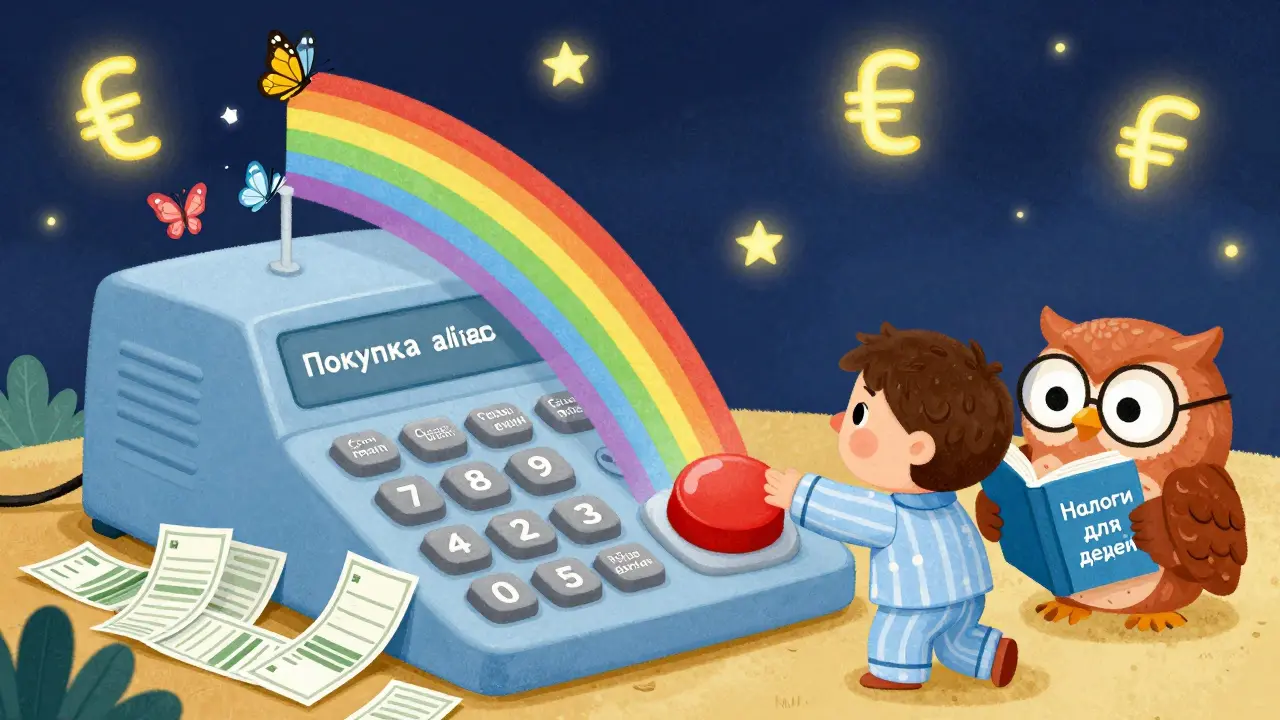 Ребёнок использует волшебный калькулятор для расчёта налога, налоговые купюры превращаются в бабочек.