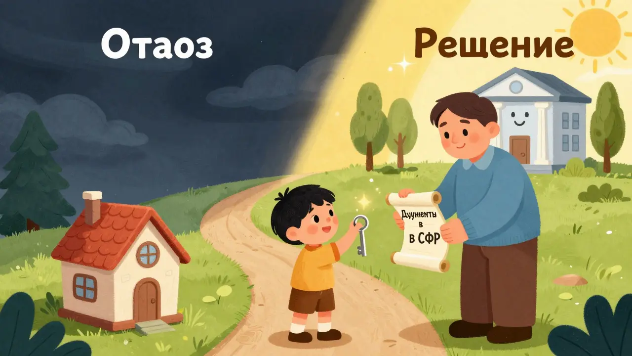 Ребёнок с ключом от дома и взрослый с документами, путь к решению через СФР.