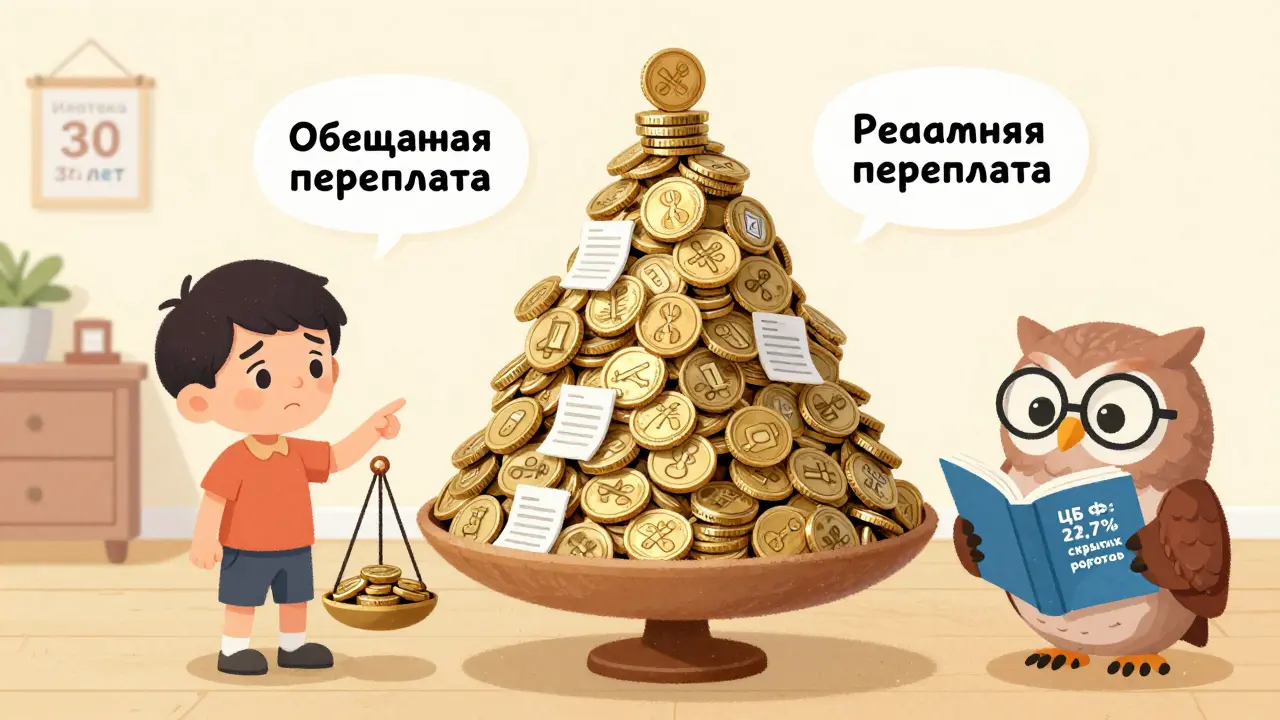 Ребёнок сравнивает на весах обещанную и реальную переплату по ипотеке, вокруг — страховки и комиссии.