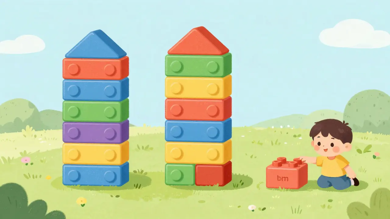 Ребёнок строит квартиру из блоков, показывая разные способы расчёта долей