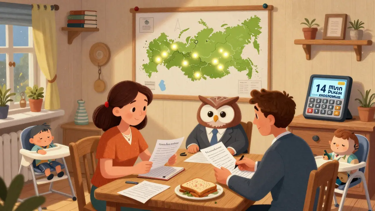 Родители и банковский работник-совёнок разбирают документы за кухонным столом, рядом спит малыш.